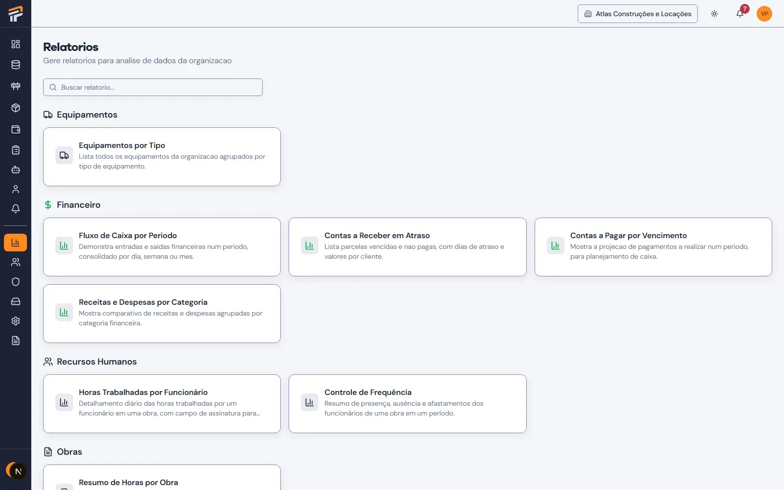 Tela do módulo Relatórios e Dashboards no Pilario